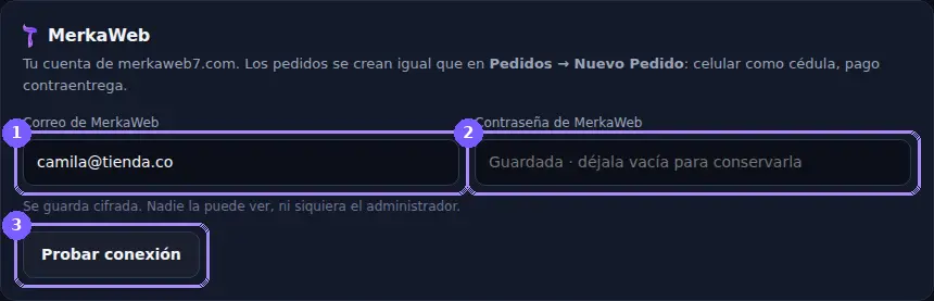 Tarjeta de MerkaWeb con correo, contraseña y Probar conexión resaltados