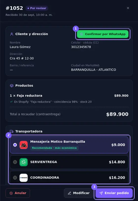 Detalle de un pedido con Confirmar por WhatsApp, transportadoras y Enviar pedido resaltados